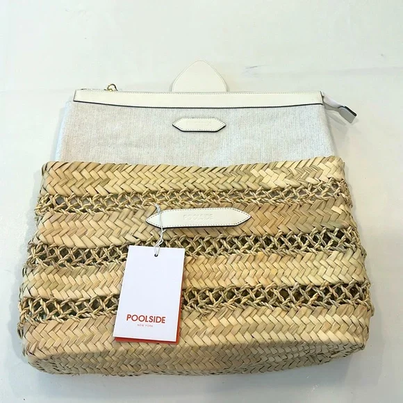 Poolside Natural Woven Straw Clutch with White Leather Trim - Picture 2 of 2